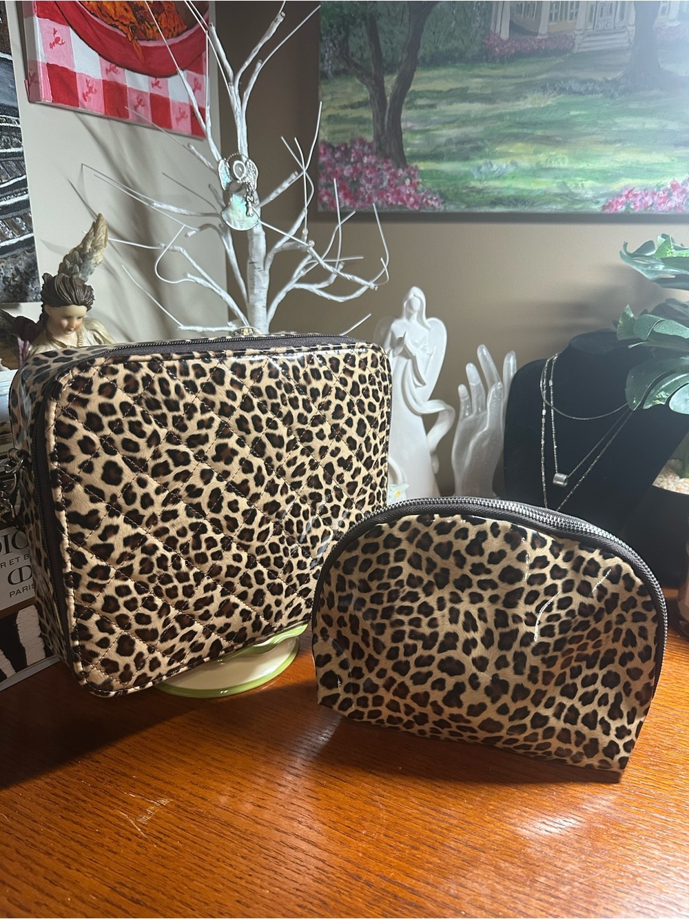 Leopard Print Cosmetic Pouches Set - Tan & Black
